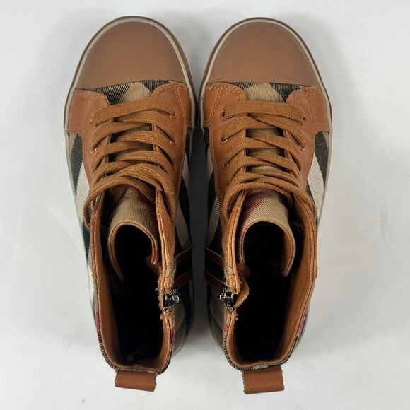 Burberry Kids Sz 2 (33) Nova Check High Top Sneakers Brown Tan Canvas Leather - Picture 6 of 11